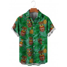 Men's Hawaiian Tiki Idol and Palm Leaf Print Short Sleeve Shirt